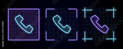 Telephone icon illustration, cyber neon visual, glowing border grid vector.	