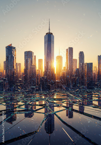 Futuristic Urban Sunset Skyline with Reflective High-Rise Skyscrapers and Silhouettes