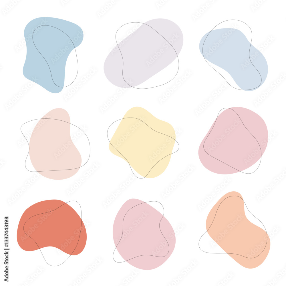 A structured grid of pastel-colored abstract shapes in a clean, minimal style.