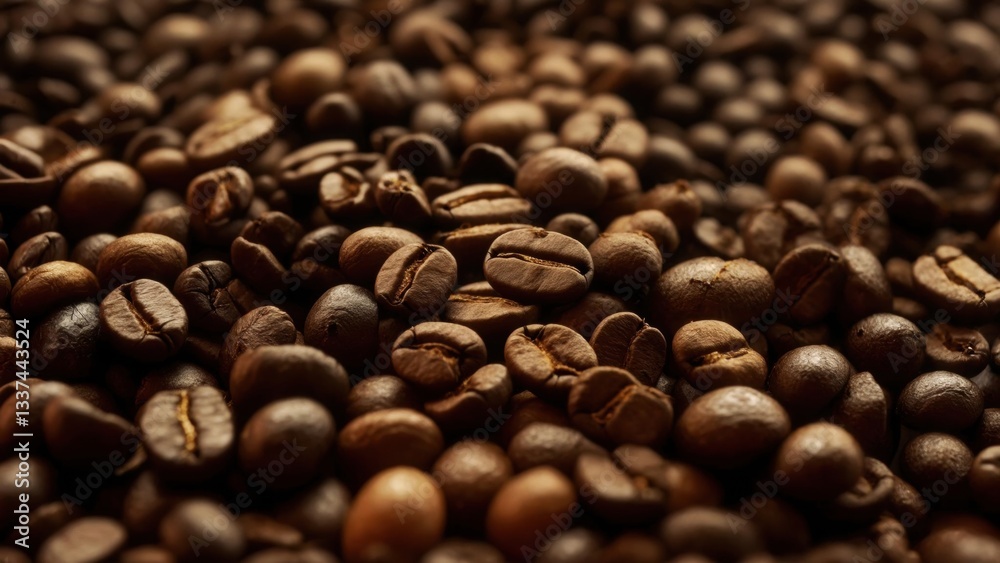 Obraz premium Dark roasted coffee beans scattered across a wooden surface in warm light
