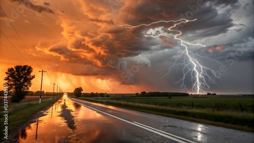 Stormy Sky with Lightning Fiery Clouds & Moody Rural Landscape V5 photo