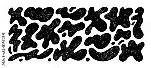 Funky organic liquid shapes and fluid forms drawn by a crayon. Hand drawn textured modern figures.