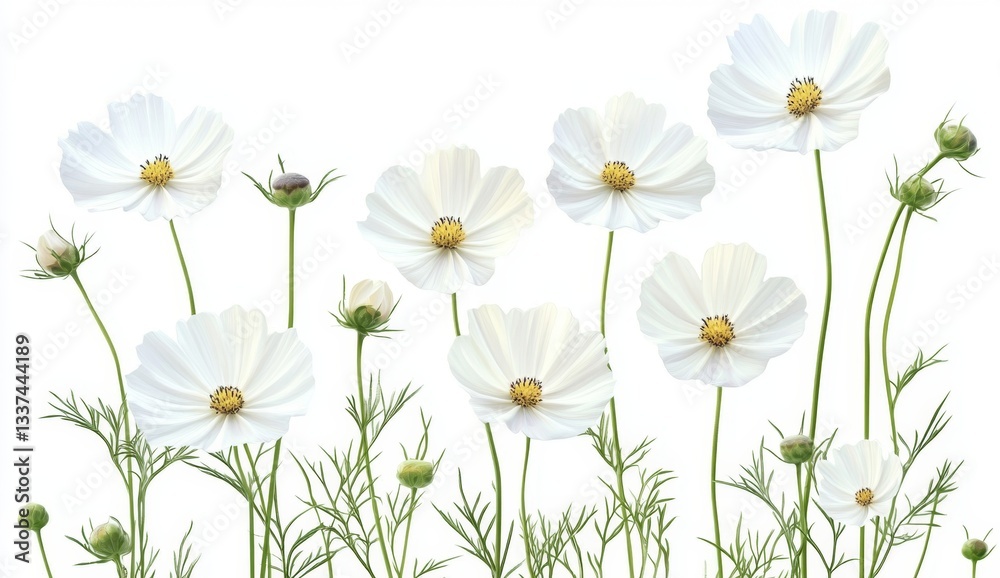 Delicate white cosmos flowers in a horizontal arrangement against a plain white background. Long, slender stems support the blossoms. Soft light highlights the petals Delicate white cosmos flowers in a horizontal arrangement against a plain white background. Long, slender stems support the blossoms. Soft light highlights the petals