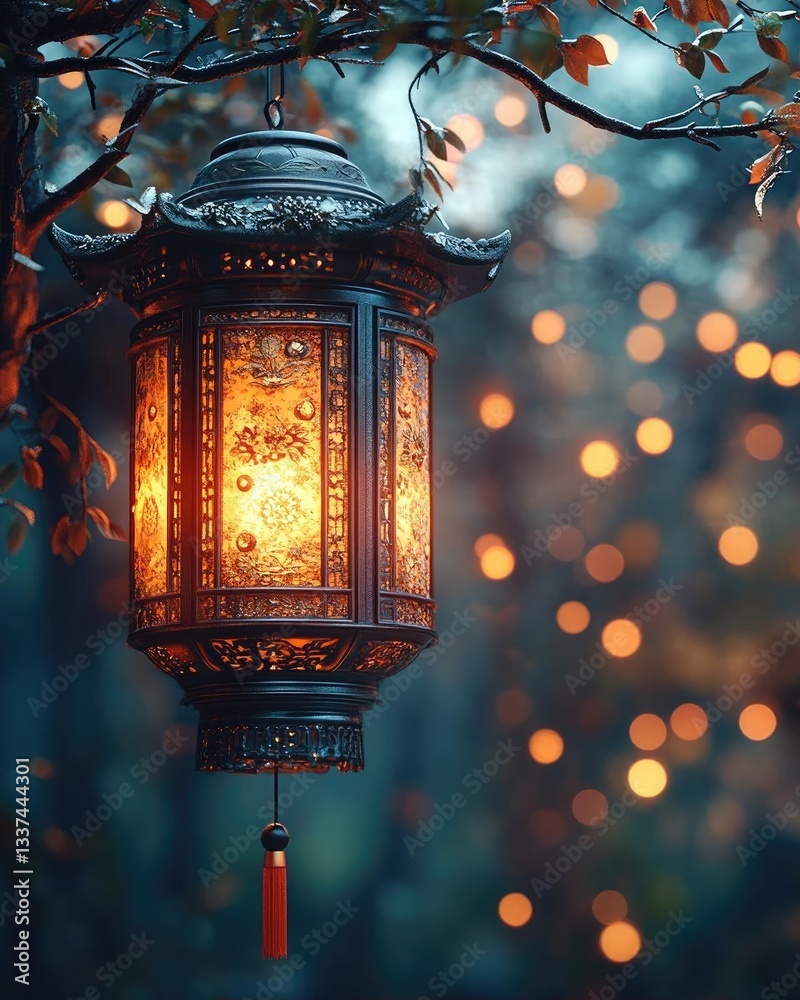 A beautifully ornate lantern hanging from a tree branch, illuminating a serene forest background filled with soft bokeh lights A beautifully ornate lantern hanging from a tree branch, illuminating a serene forest background filled with soft bokeh lights