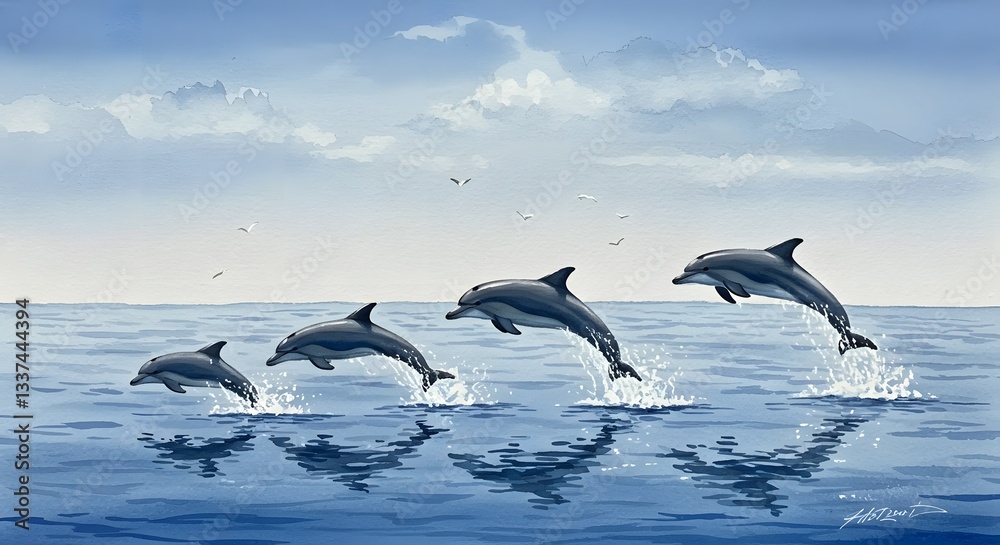 Dolphins Jumping From Ocean Water Artistic Watercolor Illustration Scene Dolphins Jumping From Ocean Water Artistic Watercolor Illustration Scene