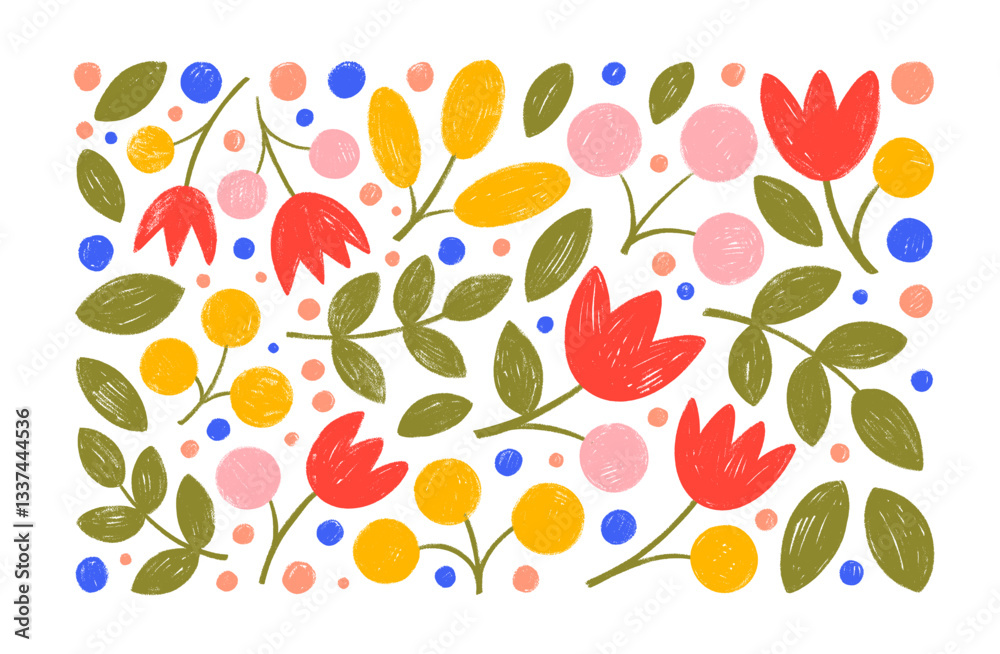 Set of crayon drawn colorful flowers, branches with leaves and berries. Abstract decorative botanical elements, hand drawn vector ethnic blooms and plants. Funky blooms isolated on white background.