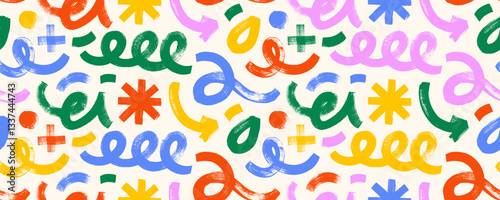 Naive playful seamless background with funky brush drawn shapes, squiggles and curly lines. Colorful childish seamless pattern with various quirky vector geometric shapes drawn by bold brush.