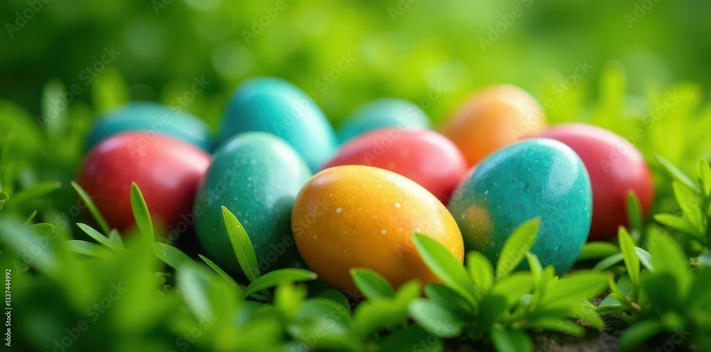 Vibrant dyed eggs nestled in green spring grass, eggs, painted, decoration Vibrant dyed eggs nestled in green spring grass, eggs, painted, decoration