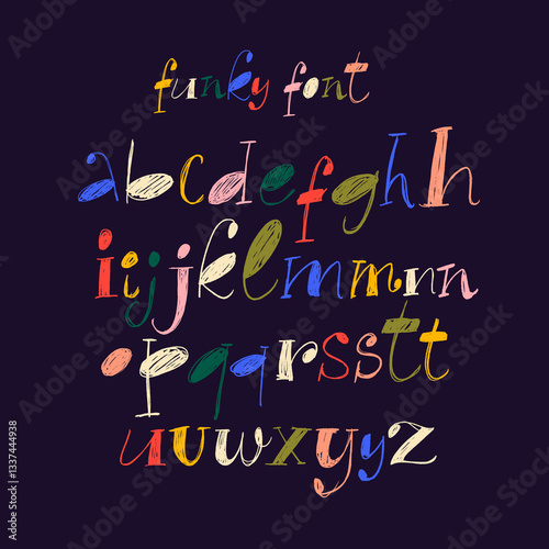 Colorful funky retro serif font drawn by crayon or pencil. Hand drawn childish alphabet letters with scribbled texture. Doodle funky alphabet letters collection for collages. Funny cute vector type.