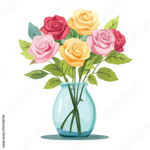 Vibrant Colorful Roses in Vase Vector Illustration