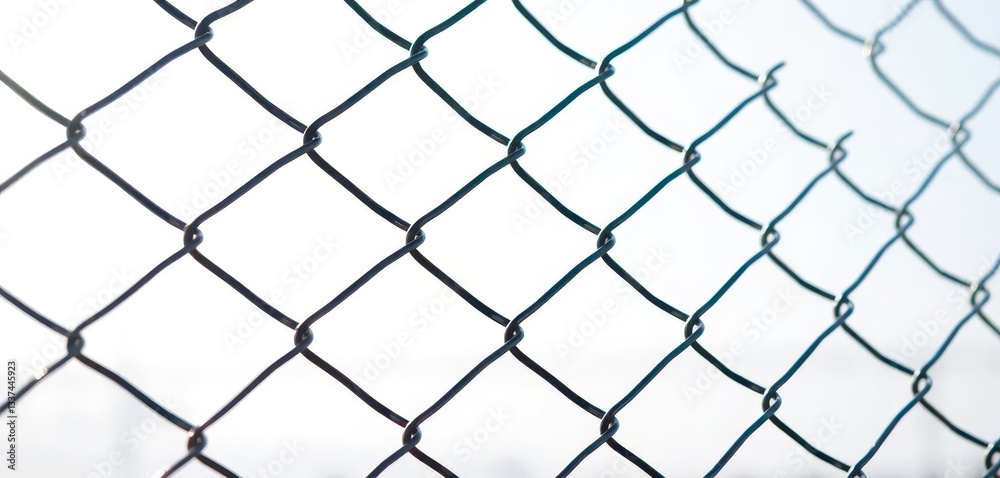 Close-up of a chain link fence against a bright white background, isolated, blank Close-up of a chain link fence against a bright white background, isolated, blank