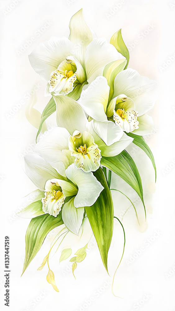 Fototapeta premium White Orchids Watercolor Painting