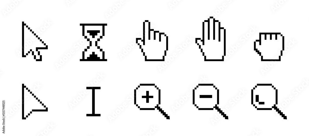 Pixel pointer cursor сomputer mouse icon set. Pixel clicking cursor, pointing hand clicks, arrows, hand click pointers, Magnifying Glass, hourglass, check mark, cross mark. Vector Illustration. Pixel pointer cursor сomputer mouse icon set. Pixel clicking cursor, pointing hand clicks, arrows, hand click pointers, Magnifying Glass, hourglass, check mark, cross mark. Vector Illustration.