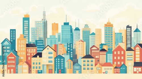 A simple drawing shows city buildings and houses. It depicts modern skyscrapers and city streets, representing city and suburban life.