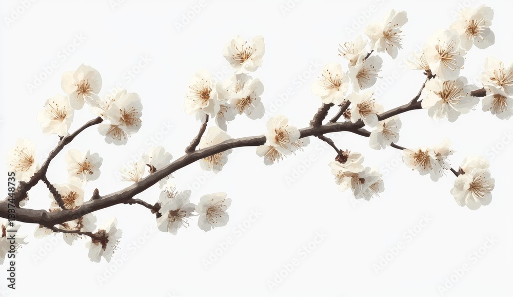 Delicate blossoms on a branch. Soft, white flowers cluster on dark brown branches against a plain white background. Springtime beauty, nature's artistry Delicate blossoms on a branch. Soft, white flowers cluster on dark brown branches against a plain white background. Springtime beauty, nature's artistry