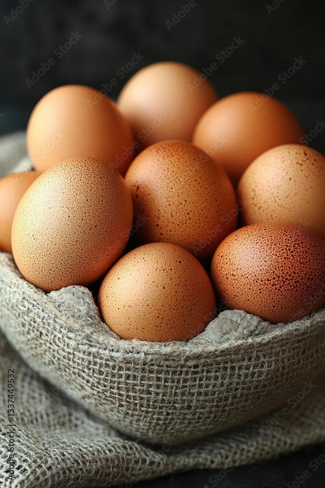 A rustic bowl filled with fresh brown eggs resting on a textured fabric background A rustic bowl filled with fresh brown eggs resting on a textured fabric background