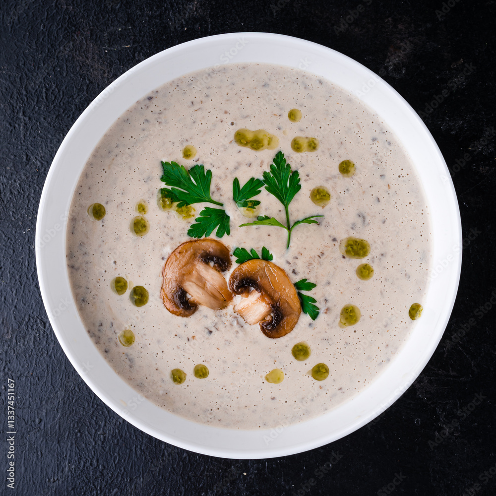 Delicious cream soup with mushrooms