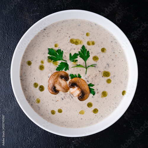 Delicious cream soup with mushrooms