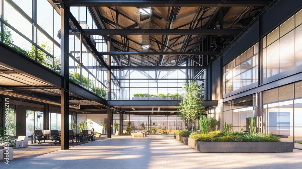 Modern Industrial Office Atrium: Sunlit Workspace with Greenery Modern Industrial Office Atrium: Sunlit Workspace with Greenery