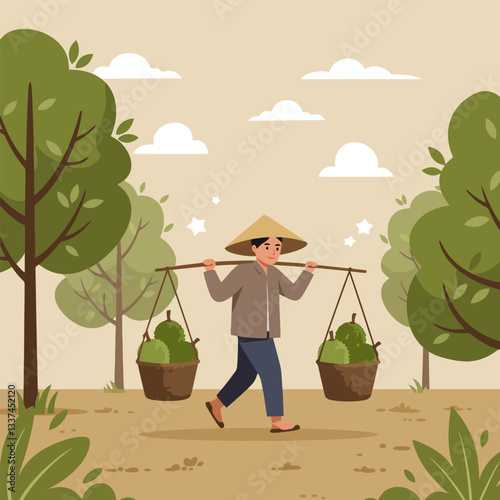 Man Carrying Baskets of Fruit with Shoulder Pole in Rural Setting