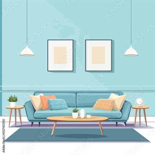Cozy Living Room with Calming Blue Walls and Mat