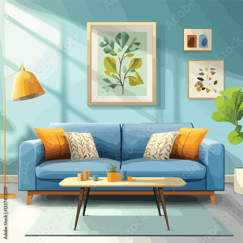 Cozy Living Room with Calming Blue Walls and Mat