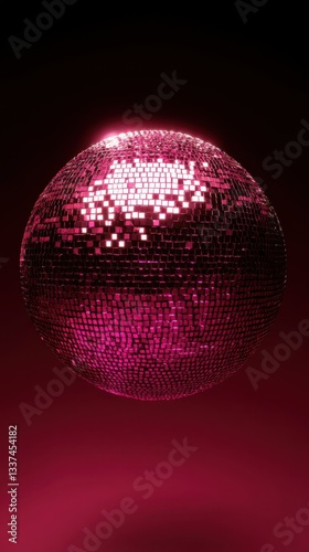 Pink glowing disco ball in dark room