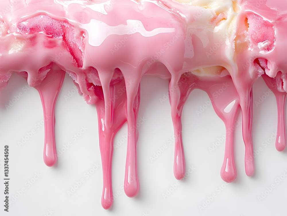Delicious pink strawberry ice cream sauce melting drips down over creamy vanilla ice cream background. Delicious pink strawberry ice cream sauce melting drips down over creamy vanilla ice cream background.