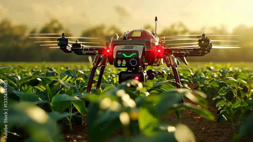 Innovative drone technology aids agriculture in crop monitoring during golden hour lighting Innovative drone technology aids agriculture in crop monitoring during golden hour lighting