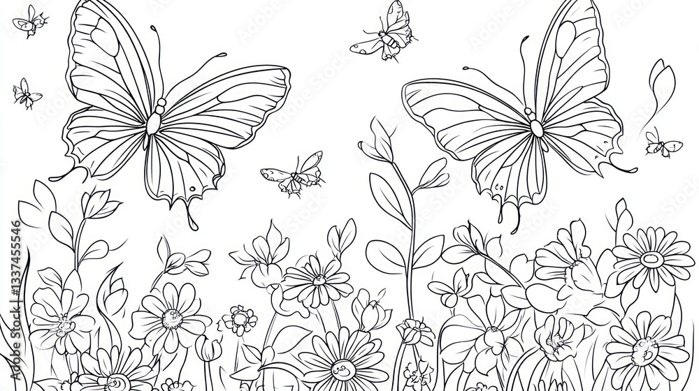 Black and white butterfly and flower drawing. Coloring book design Black and white butterfly and flower drawing. Coloring book design