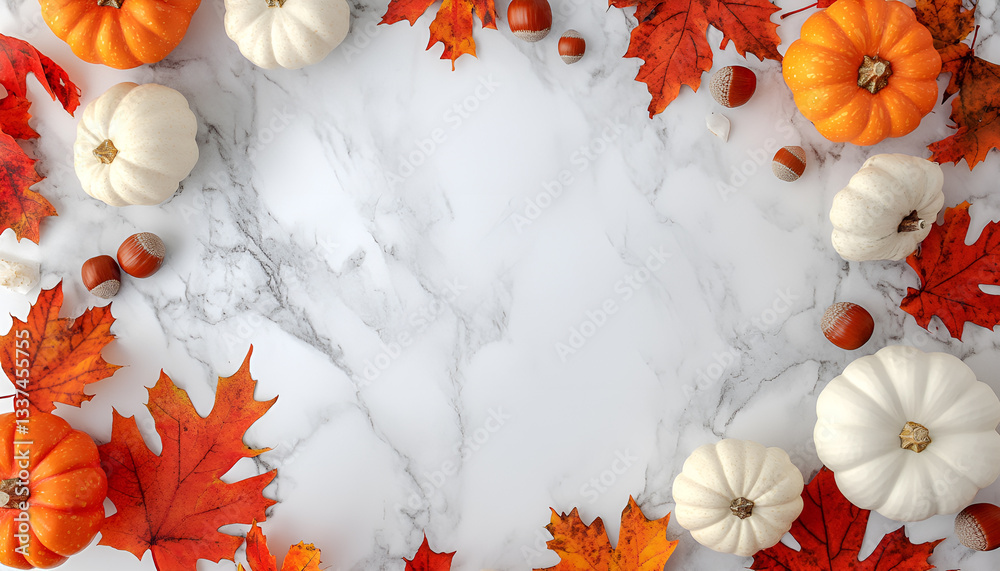Obraz premium Autumn card mockup on marble and white space. Orange pumpkins and red leaves frame. Concept of harvest festival, Thanksgiving invitation, October theme, and stylish seasonal presentation