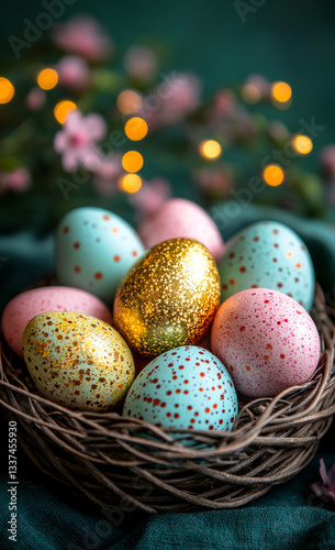 Colorful decorated eggs in a nest. Vibrant Easter eggs in a nest create a festive atmosphere beside blooming flowers and soft lights.