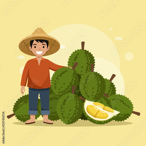 Farmer Showing Pile of Fresh Durian Fruit for Selling at Market