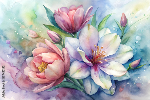 Watercolor Peony and Magnolia Bouquet Illustration photo