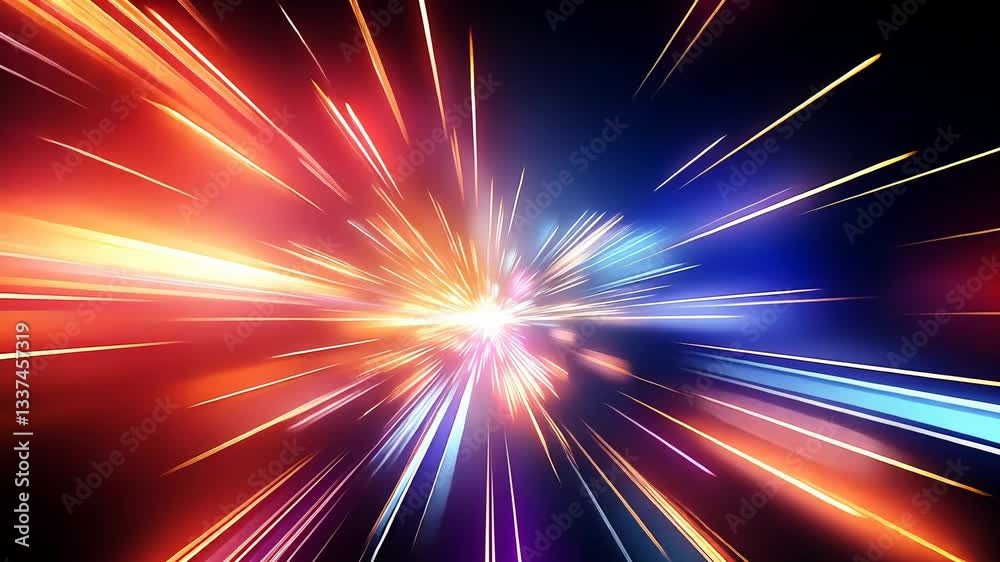 Abstract burst of vibrant, multicolored light rays emanating from a central point, creating a dynamic and energetic visual effect
