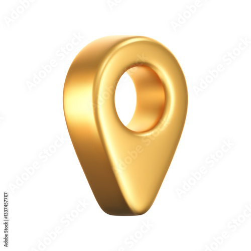 3D gold location pointer icon isolated on a white background. A render of a realistic golden direction sign and location map pin. Navigation GPS sign. 3D cartoon vector icon