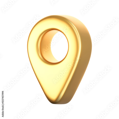 3D gold location pointer icon isolated on a white background. A render of a realistic golden direction sign and location map pin. Navigation GPS sign. 3D cartoon vector icon