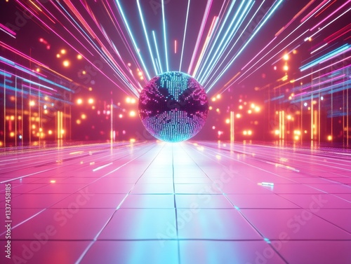 Disco ball in neon light tunnel