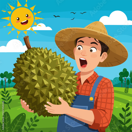 Farmer Holding Large Durian Fruit with Surprised Expression Under Happy Sun