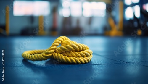 Yellow exercise rope on gym floor.  Close-up view of a knotted skipping rope photo