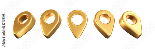 3D gold location pointer icon set isolated on a white background. A render of a realistic golden direction sign and location map pin. Navigation GPS sign. 3D cartoon vector icon