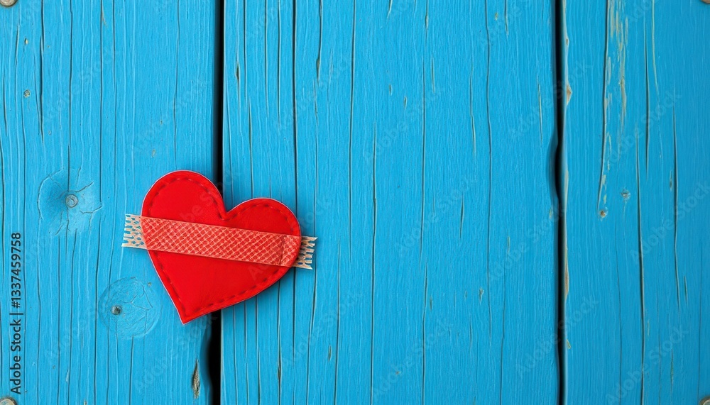 Red felt heart with adhesive bandage on rustic blue wood, emotion, medical Red felt heart with adhesive bandage on rustic blue wood, emotion, medical