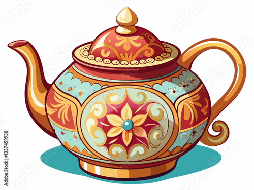 vector of traditional porcelain teapot with a curved spout and a round lid