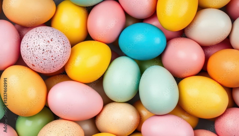 A cluster of vibrantly dyed Easter eggs in various pastel shades, speckled and solid colors, eggshell, surface pattern A cluster of vibrantly dyed Easter eggs in various pastel shades, speckled and solid colors, eggshell, surface pattern