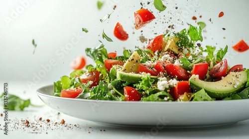 Flying salad with fresh vegetables and herbs