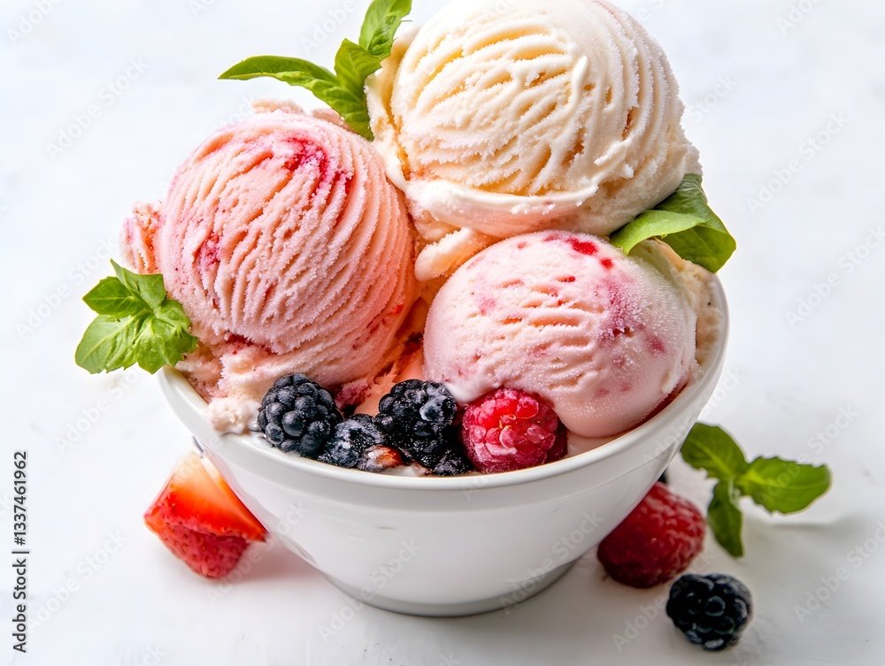 Three scoops of delicious vanilla and raspberry ice cream in a bowl with fresh berries and mint leaves on a white background. Three scoops of delicious vanilla and raspberry ice cream in a bowl with fresh berries and mint leaves on a white background.