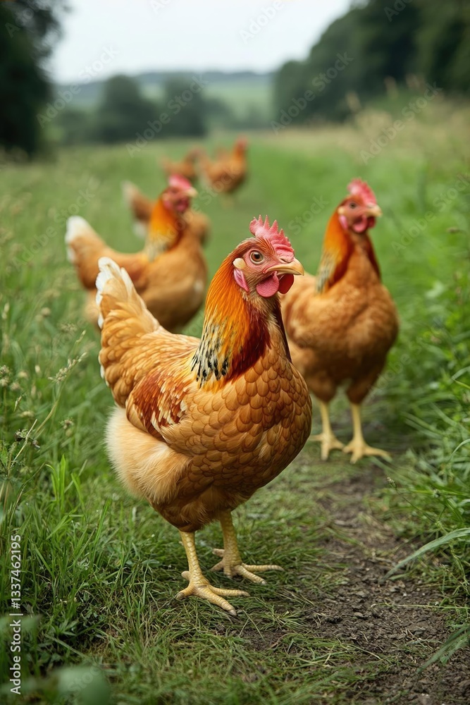 Fototapeta premium A group of vibrant, free-range chickens roaming in a lush green field under a cloudy sky
