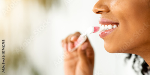 Oral Hygiene. Closeup Of Black Woman Brushing Her Perfect White Teeth, Cropped Image, Side View Panorama