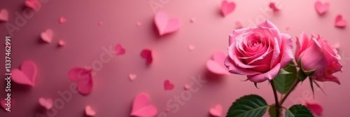 Luxurious pink rose bouquet, subtle heart backdrop, romance, photo, pretty