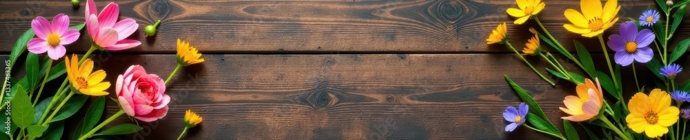 Obraz premium Rustic wooden table with blooming wildflowers, organic, image, natural